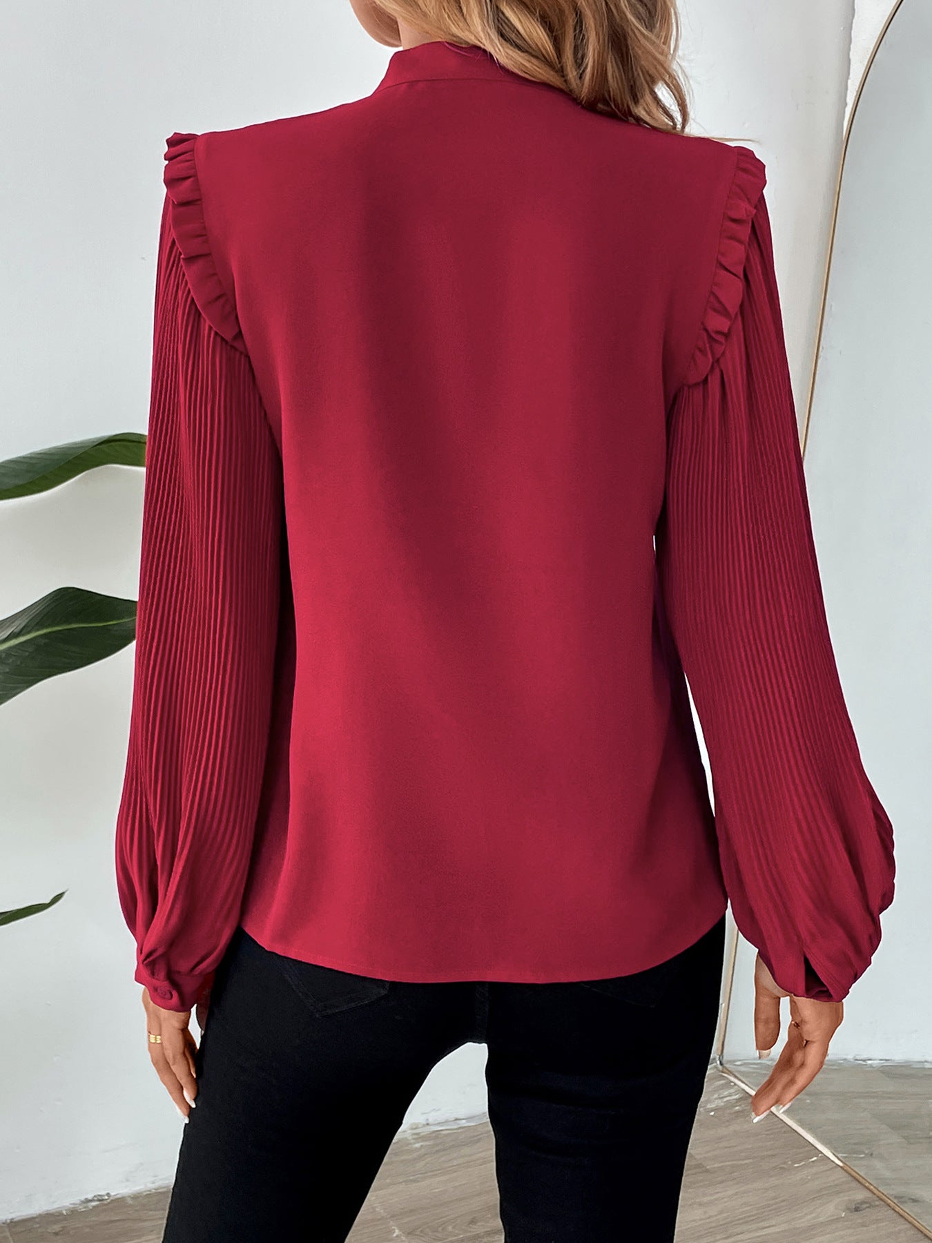 Lantern Long Sleeve Bow Neck Solid Color Women's Shirt