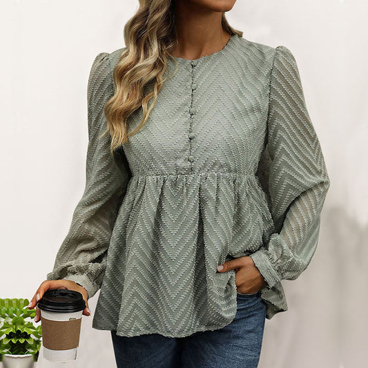 Women's Solid Color Long Sleeve Jacquard Shirt