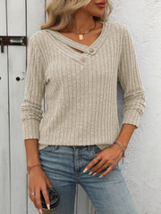 V-neck Button Top Pit Strip Sweater Long Sleeve