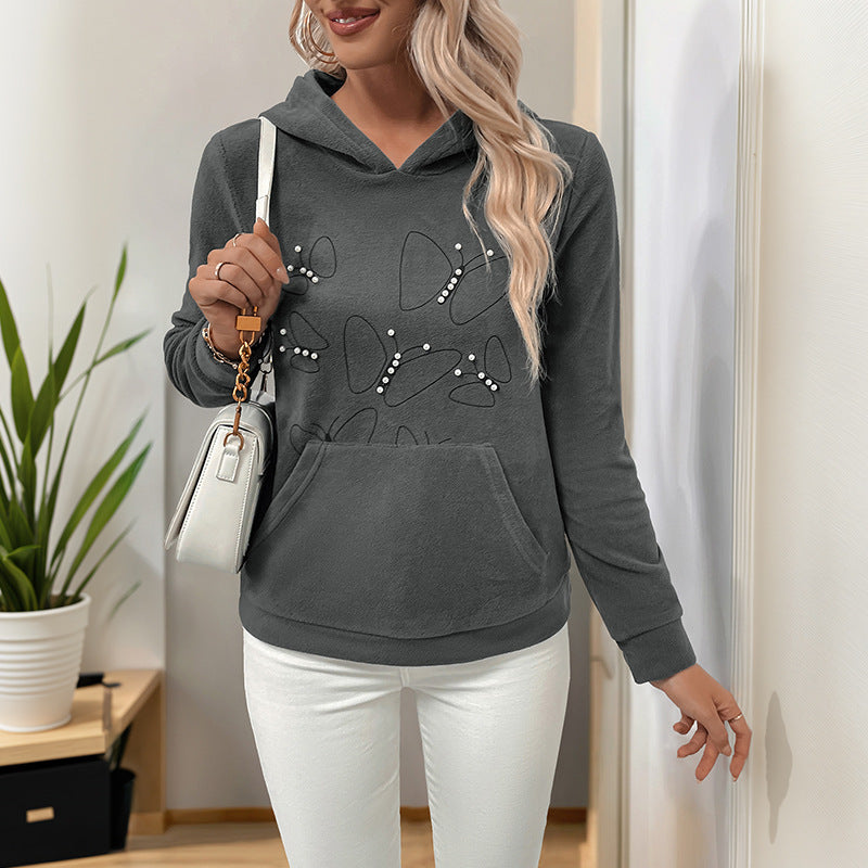 Beaded Hoodie Drawstring Long Sleeve Pullover Sweatshirt