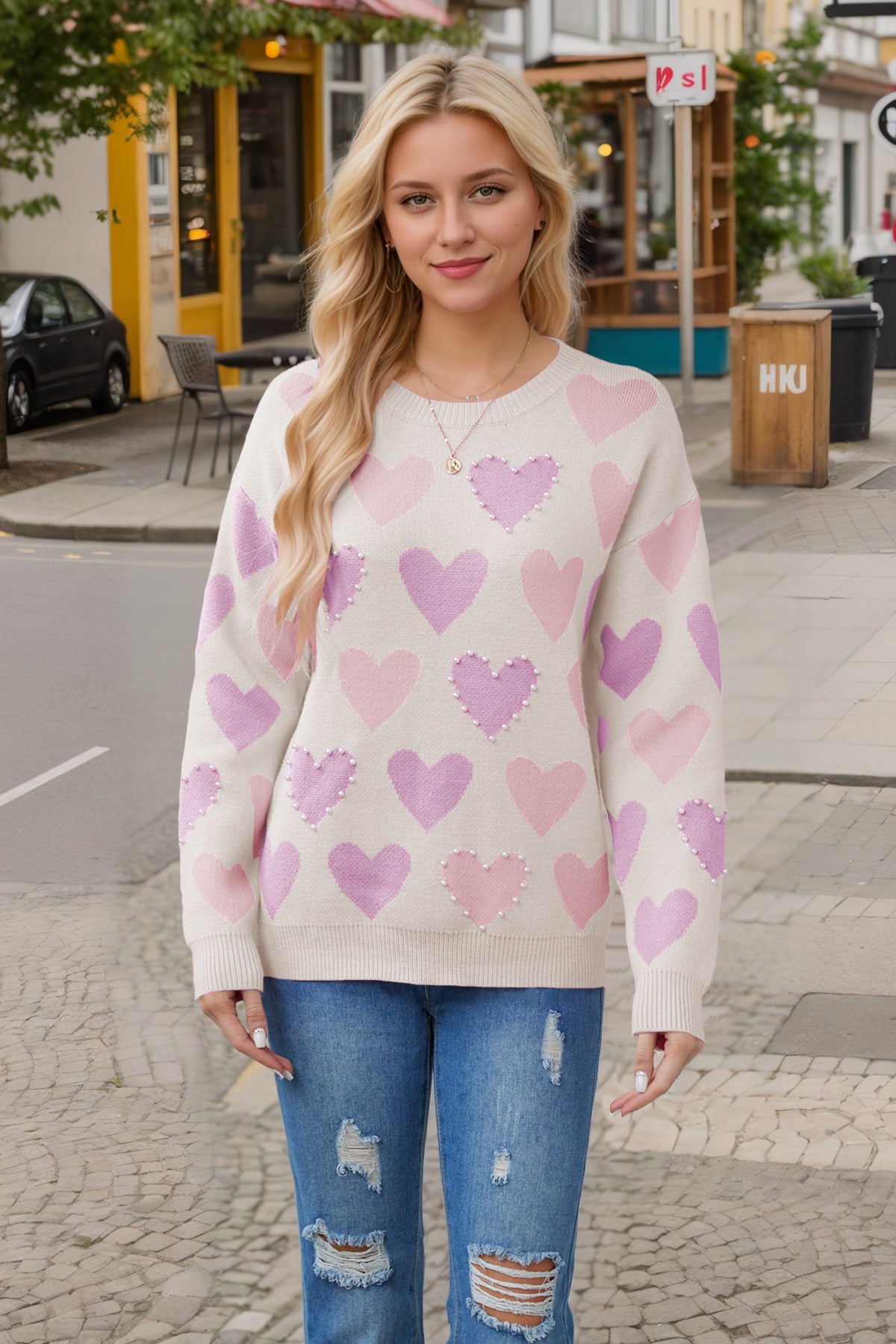 Valentine's Day Oversized Sweaters Heart Peach Print Pullover Tops