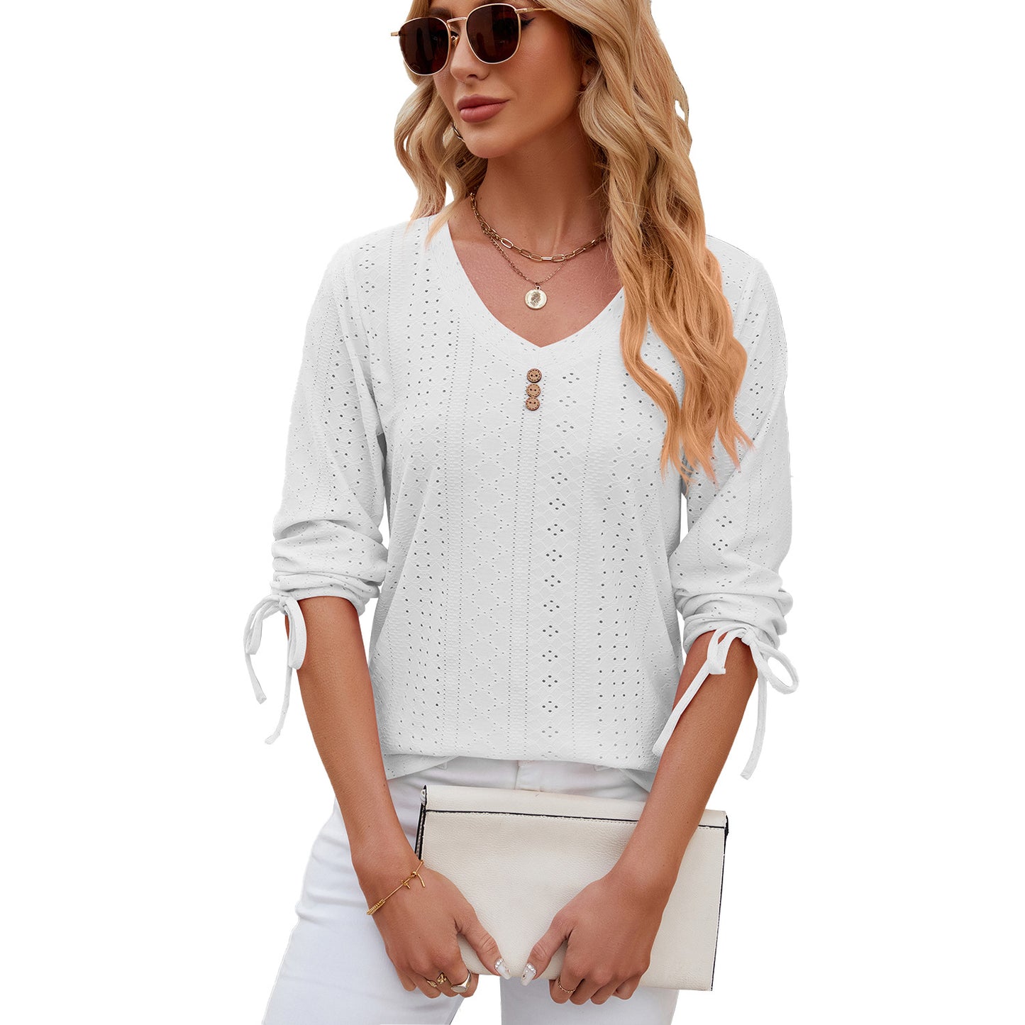 Solid Color Jacquard Button Middle Sleeve T-shirt