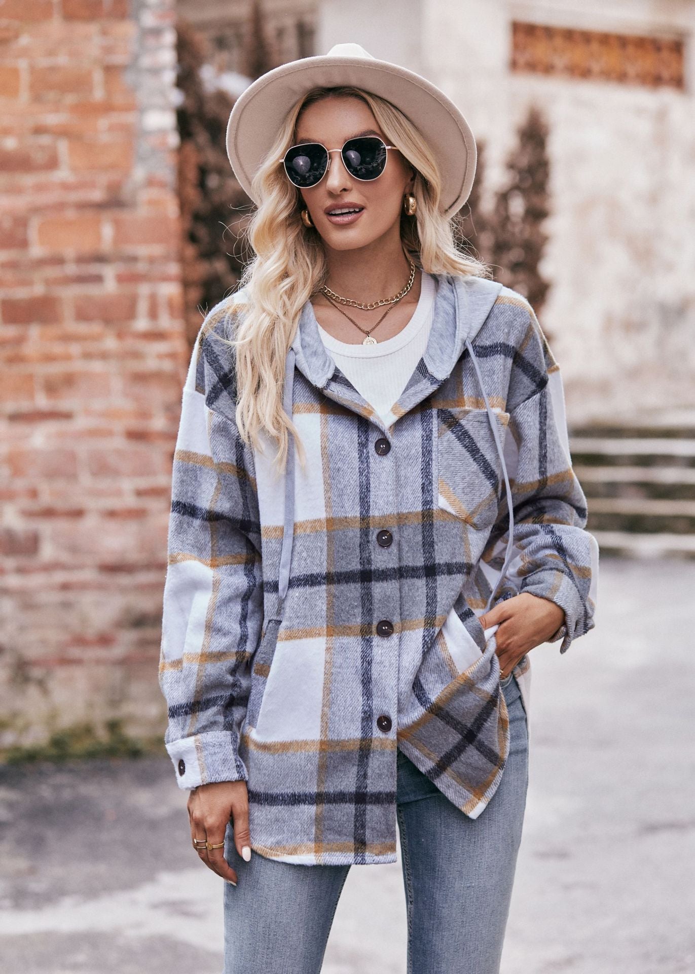 Ladies Hooded Jacket Casual Medium and Long Checked Shirt