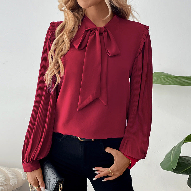 Lantern Long Sleeve Bow Neck Solid Color Women's Shirt