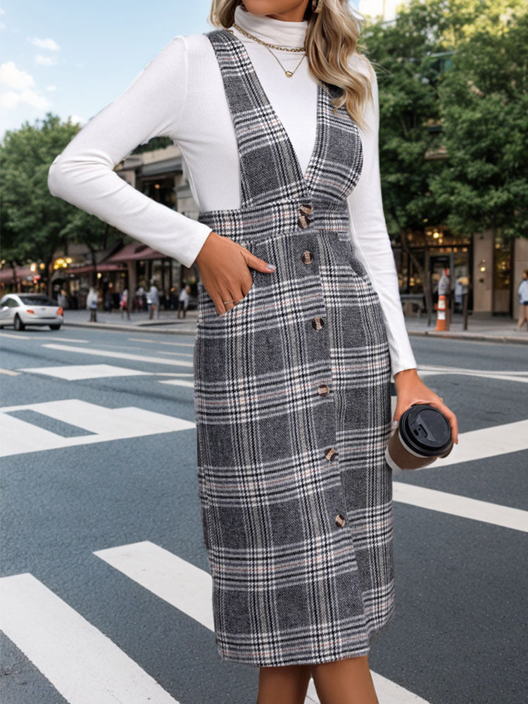 Autumn and Winter Solid Color Casual Plaid Strap Skirt