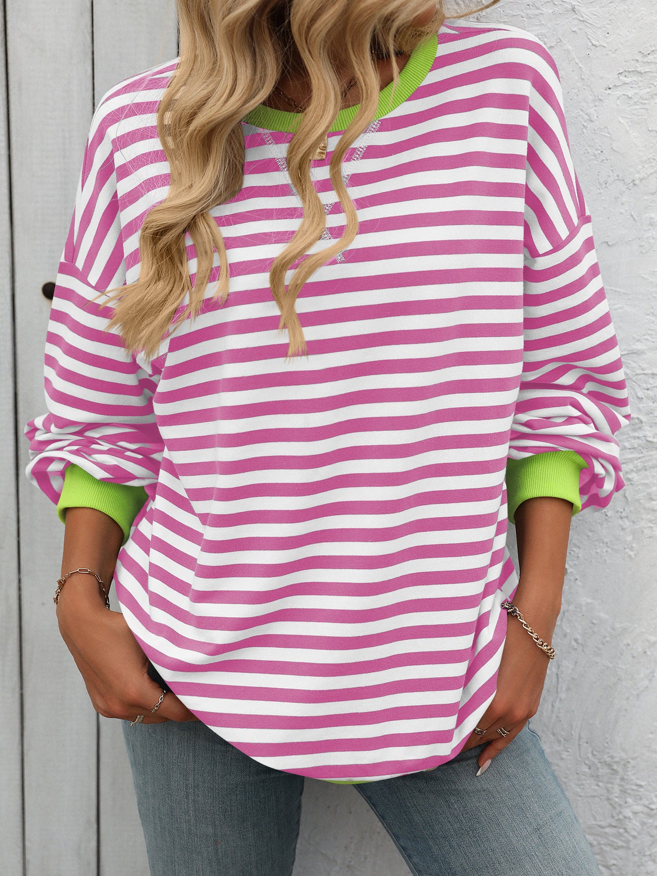 Women Color Striped Crew Neck Loose Sweatshirt Sweater