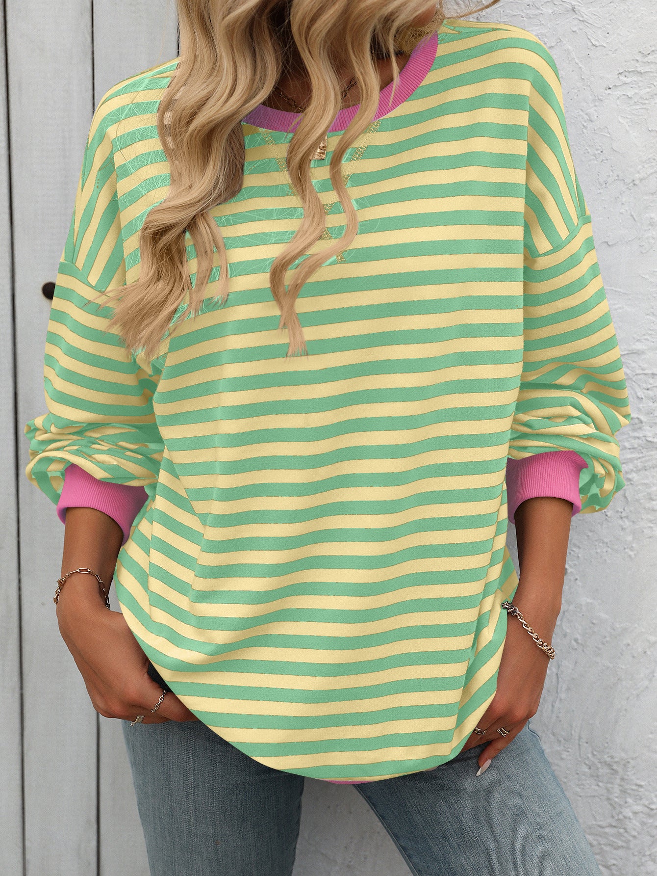 Women Color Striped Crew Neck Loose Sweatshirt Sweater