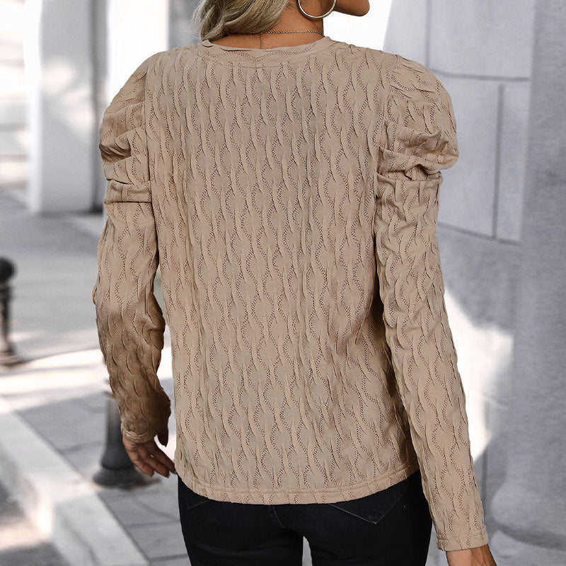 V-neck Solid Color Long-sleeved Casual Temperament