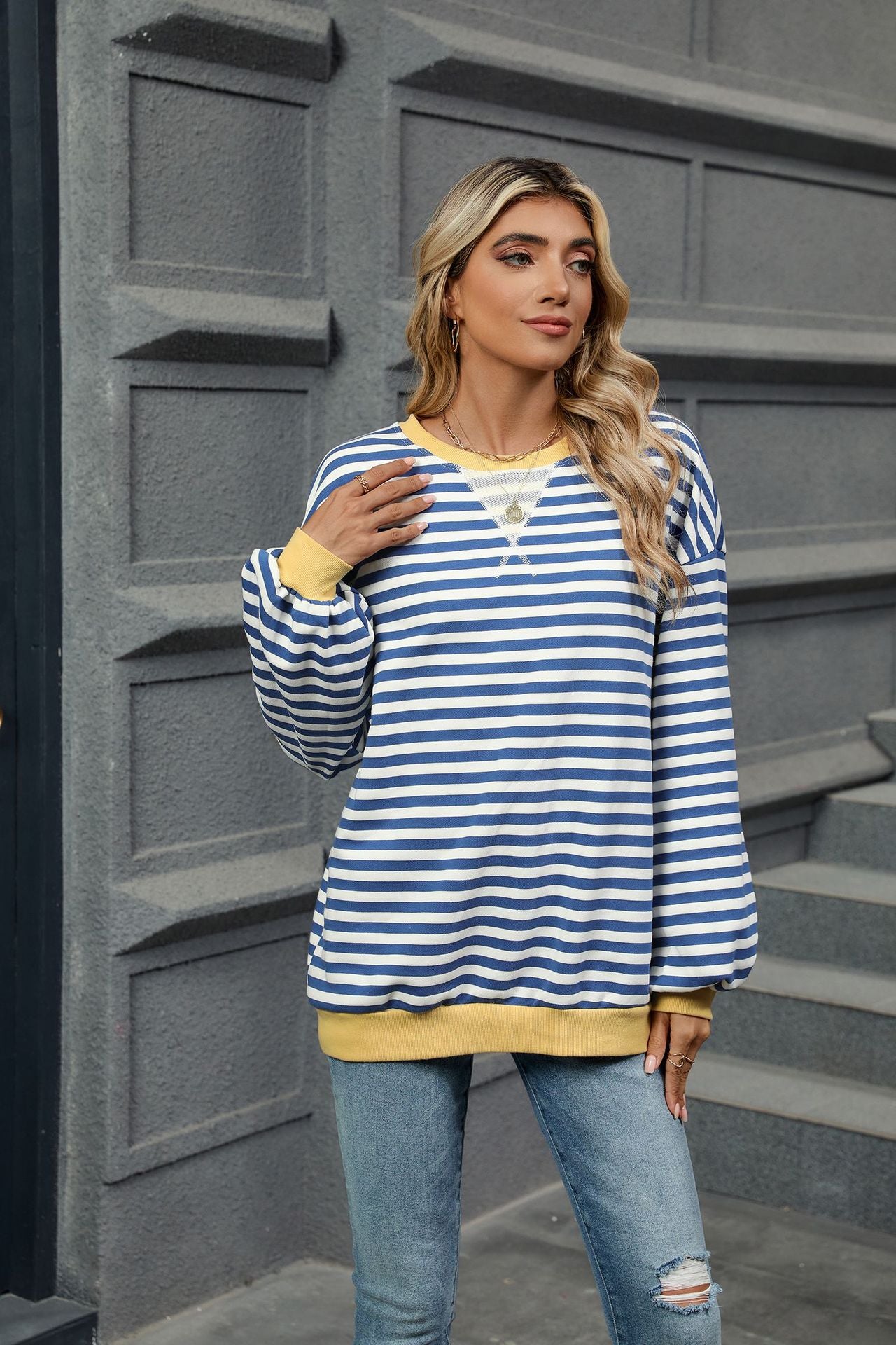 Contrasting Color Splicing Loose Long-sleeved Striped Crew Neck Sweater