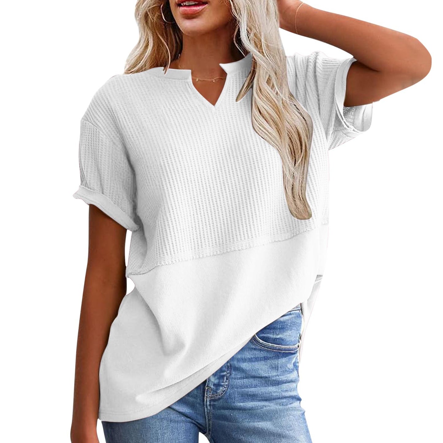 V Neck Waffle Knit Tops Short Sleeve T Shirts Loose Blouses