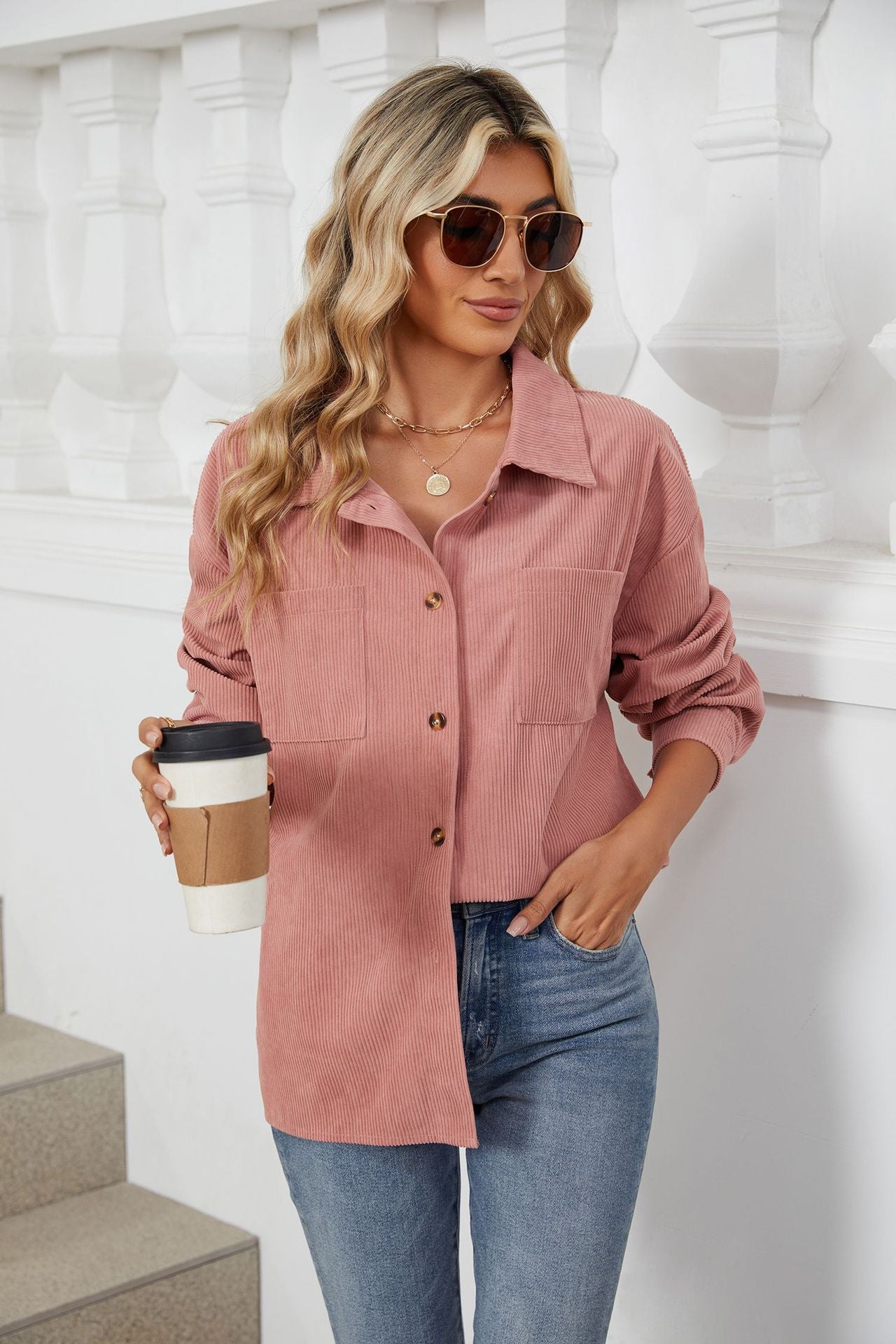 Women's Corduroy Lapel Long Sleeve Jacket