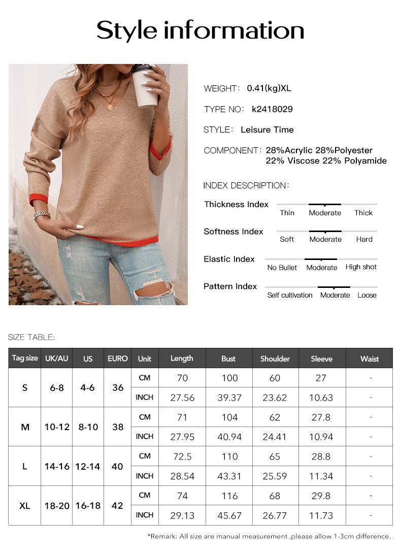 Pullover Sweaters Long Sleeve V-Neck Loose Knit Tops