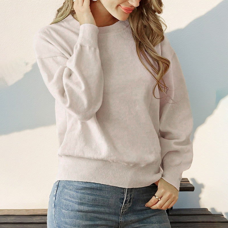 Crew Neck Long Sleeve Solid Color Sweater Women