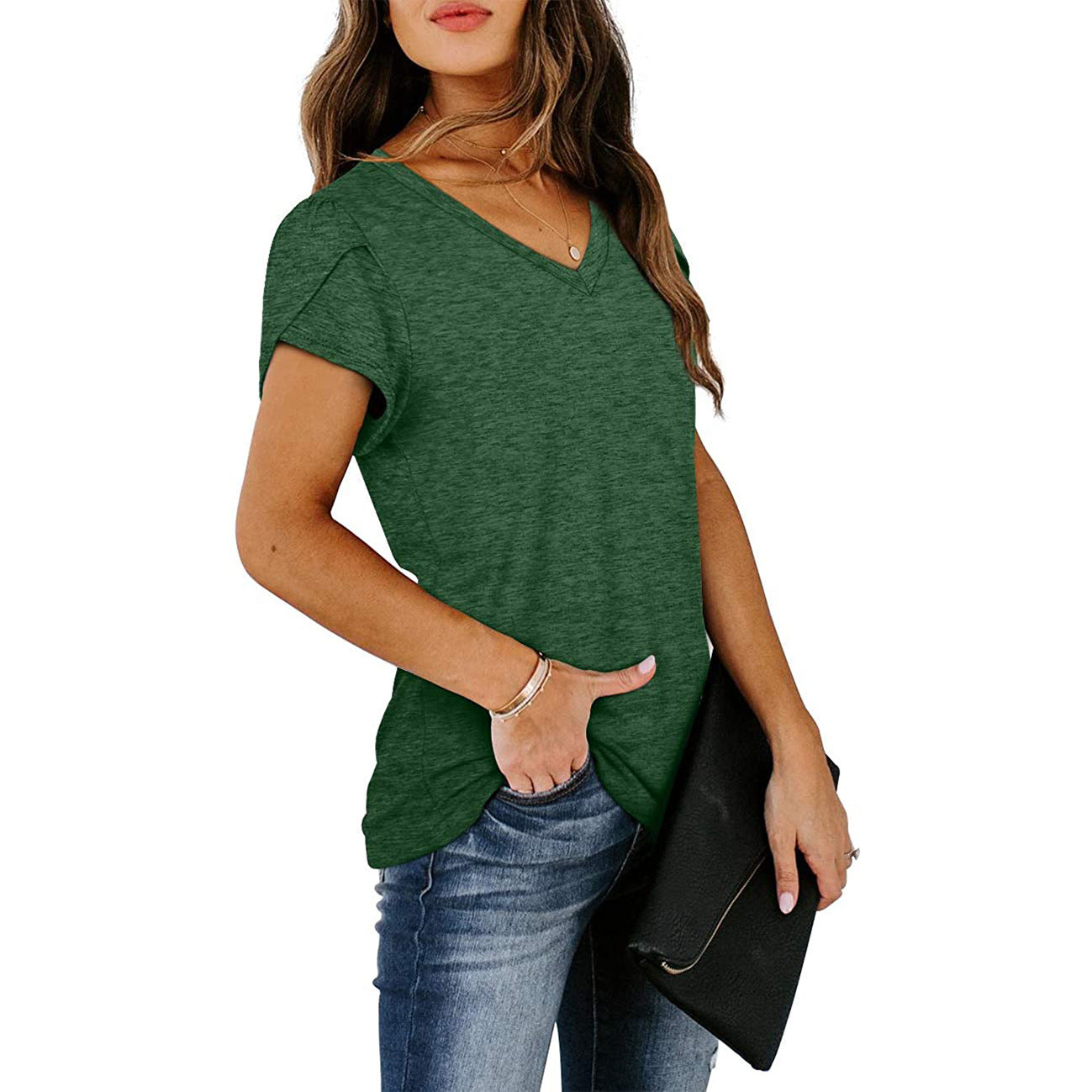 Solid Color V-neck Short-sleeved T-shirt Loose Casual Top