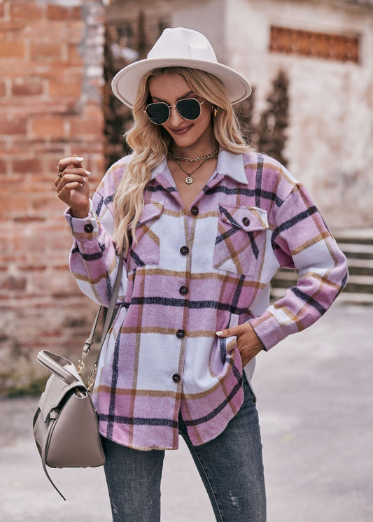 Women's Plaid Jacket Casual Loose Pocket Shirt