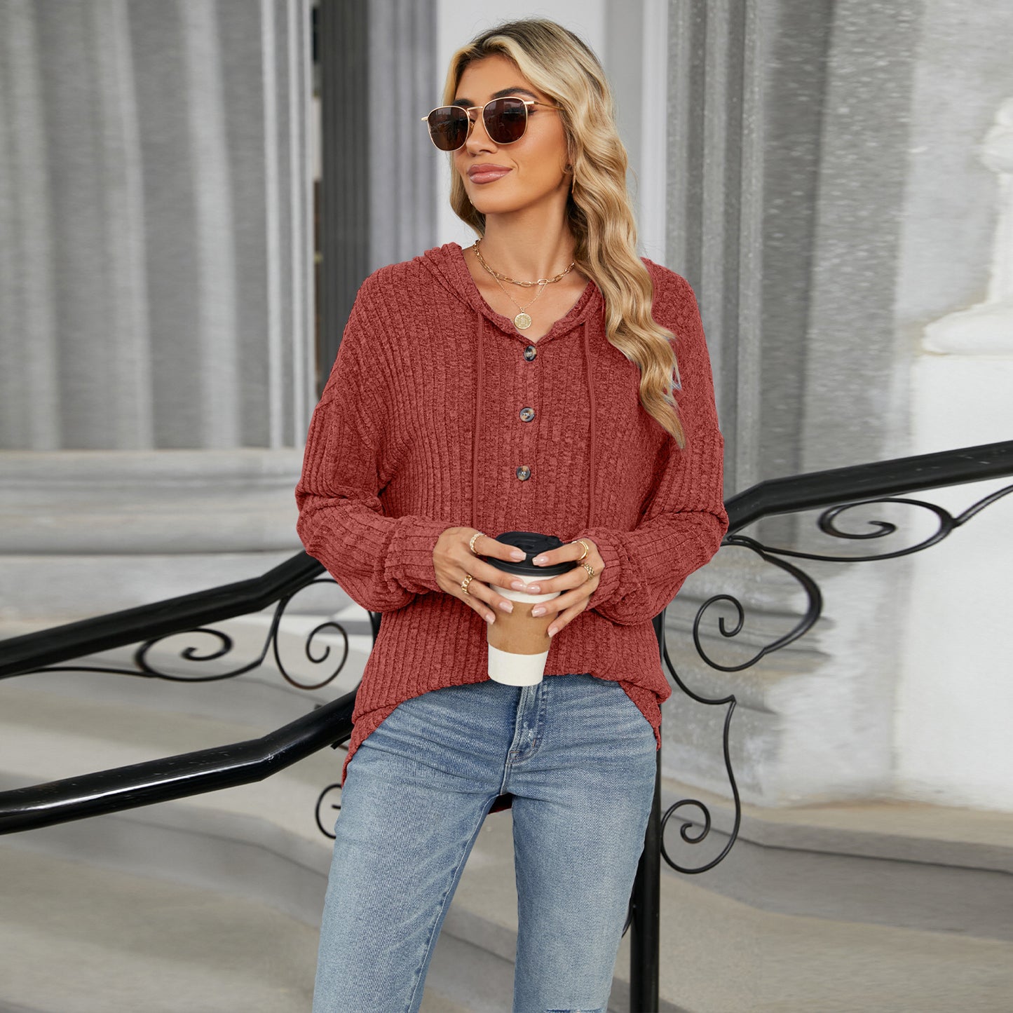 Solid Color Hooded Button-down Sweater