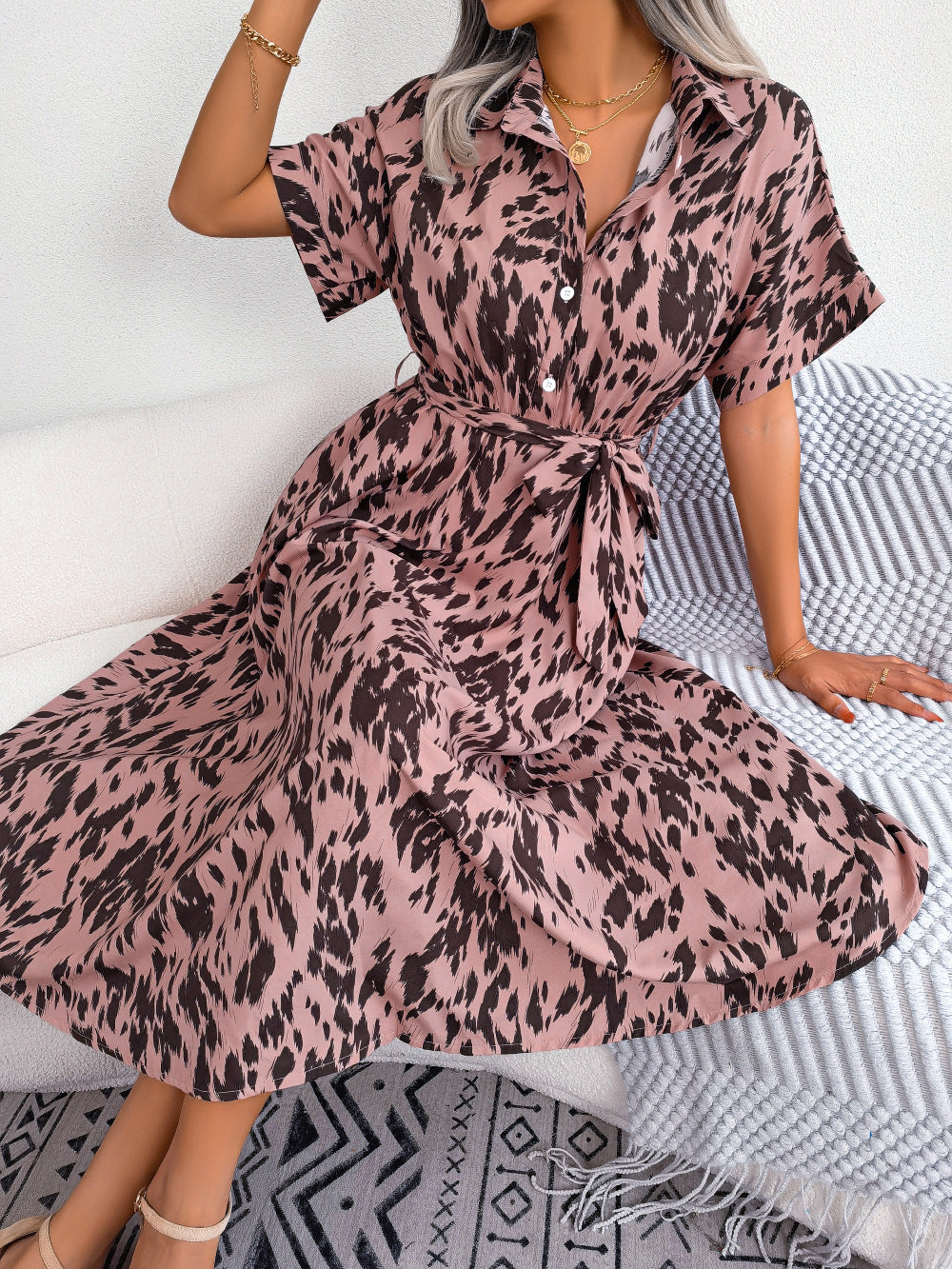 Casual Loose Leopard Print Lace-up Dress V-Neck