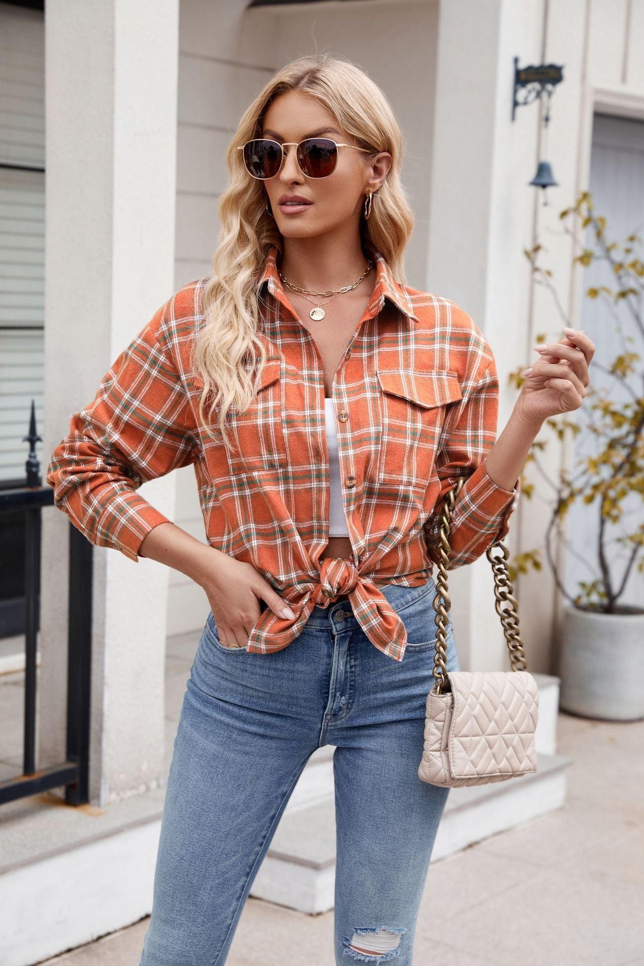 Women's  New Casual Fashion Loose Plaid Pocket Shirt