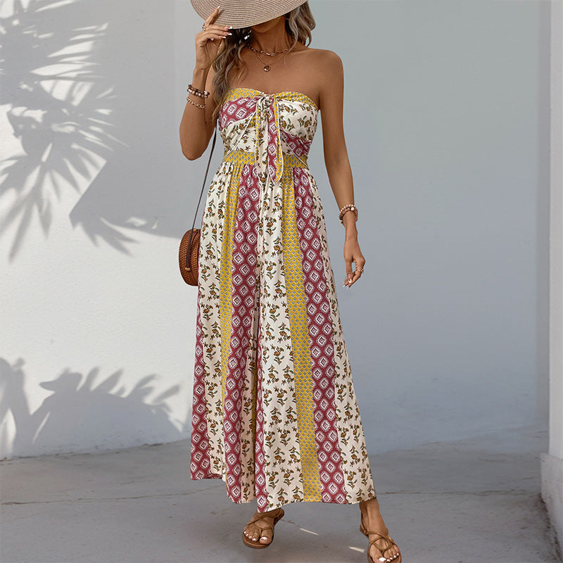 Strapless Smocked Romper Tube Top Flare Trousers Jumpsuit