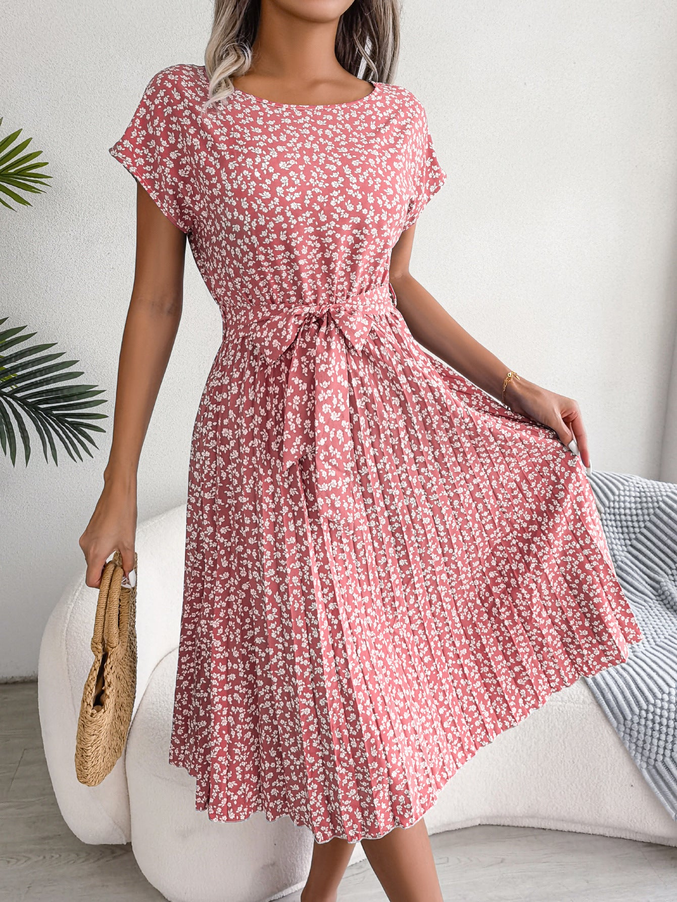 Floral Pleated Dress Casual Short Sleeve Crew Neck Corset