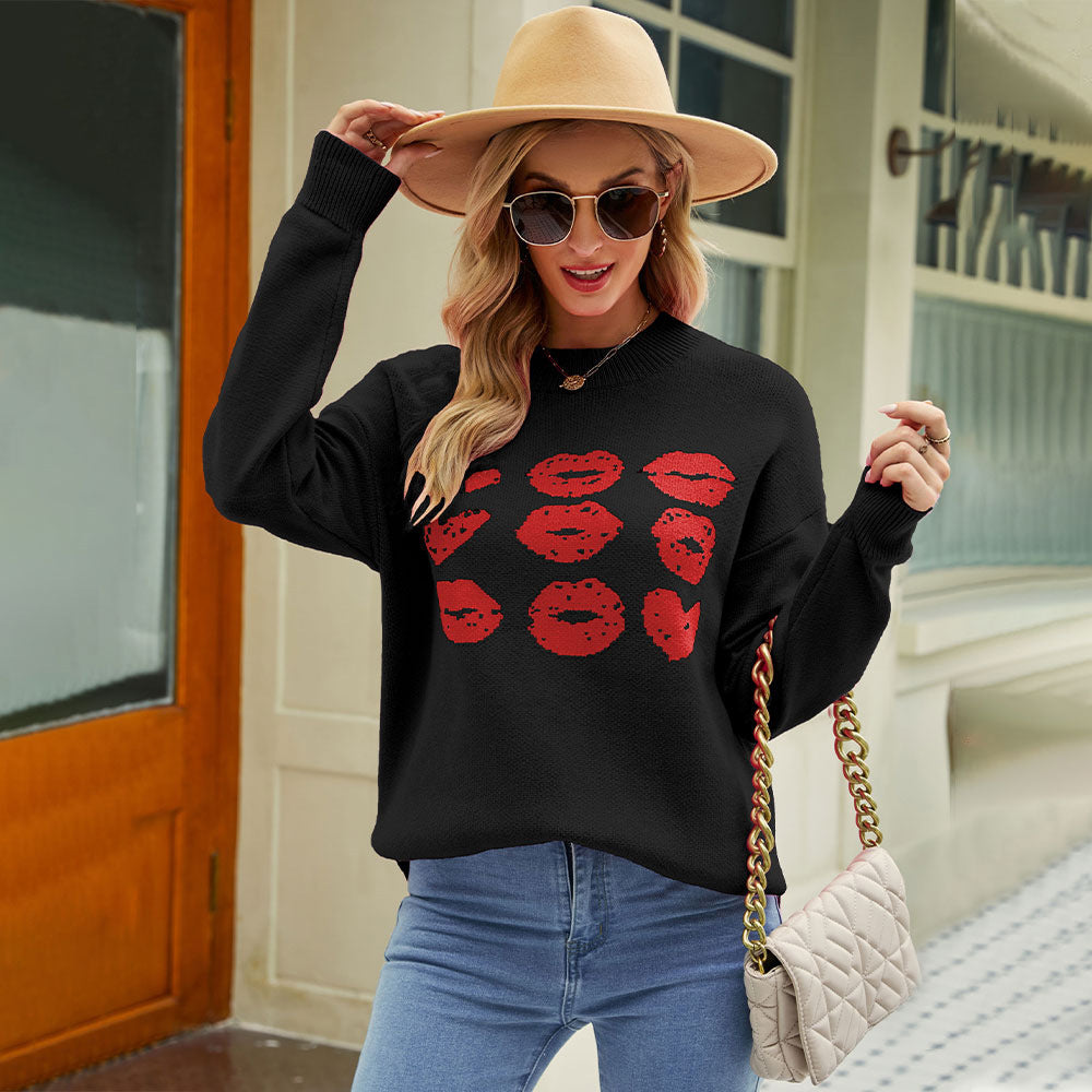 Valentine's Day Crew Neck Jacquard Heart Peach Pullover Knit Sweater