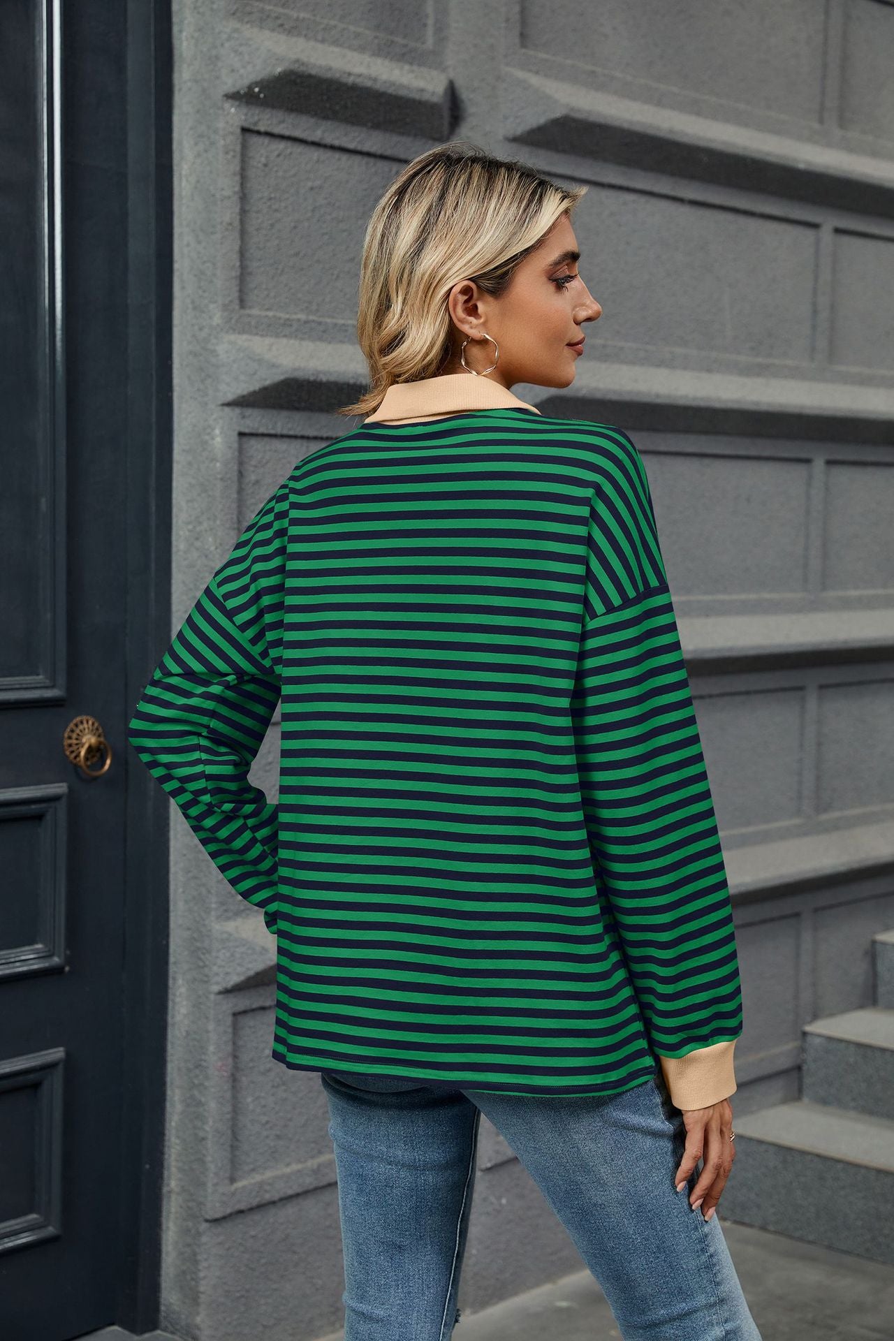 Lapel Loose Long Sleeve Striped Sweater