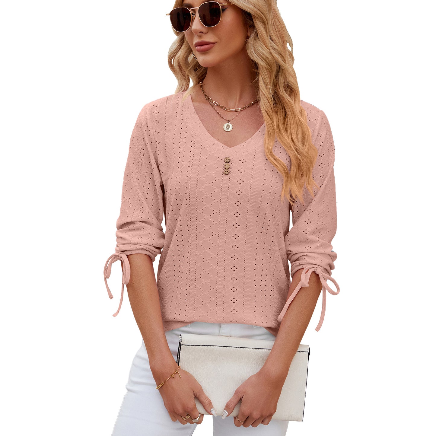 Solid Color Jacquard Button Middle Sleeve T-shirt