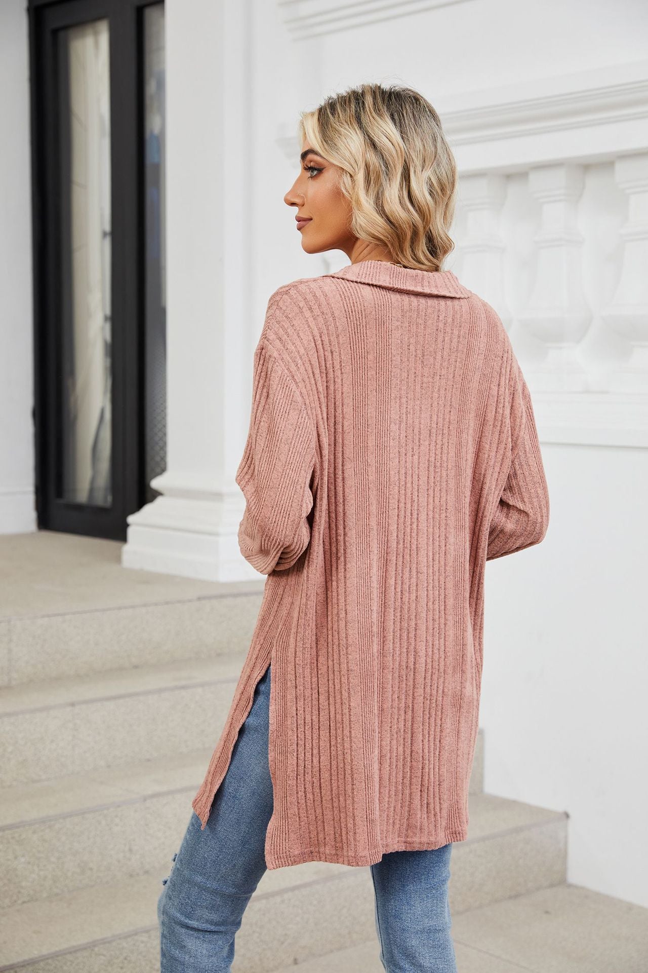 Solid Color V-neck Long-sleeved Loose T-shirt Top