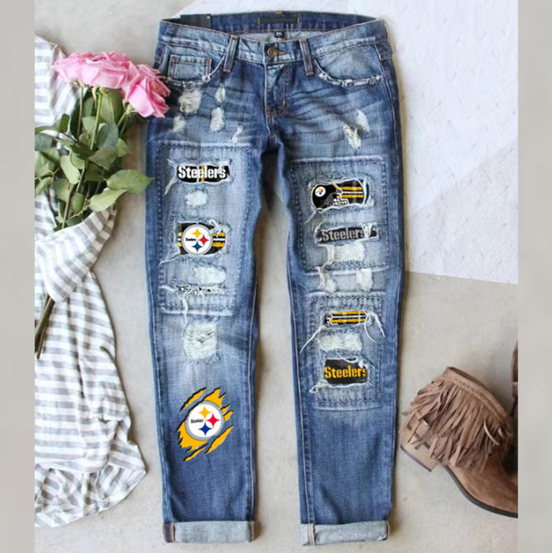 Middle Waist Straight Jeans Ripped Fashion Printed Jeans Women