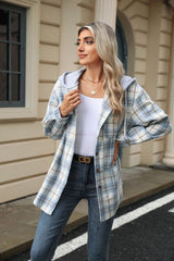 Plaid Contrast Hooded Long Sleeve Loose Wool Jacket