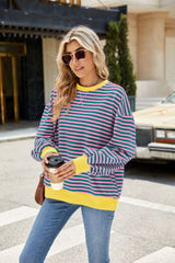 Striped Crew Neck Contrast Color Loose Long Sleeve Sweater