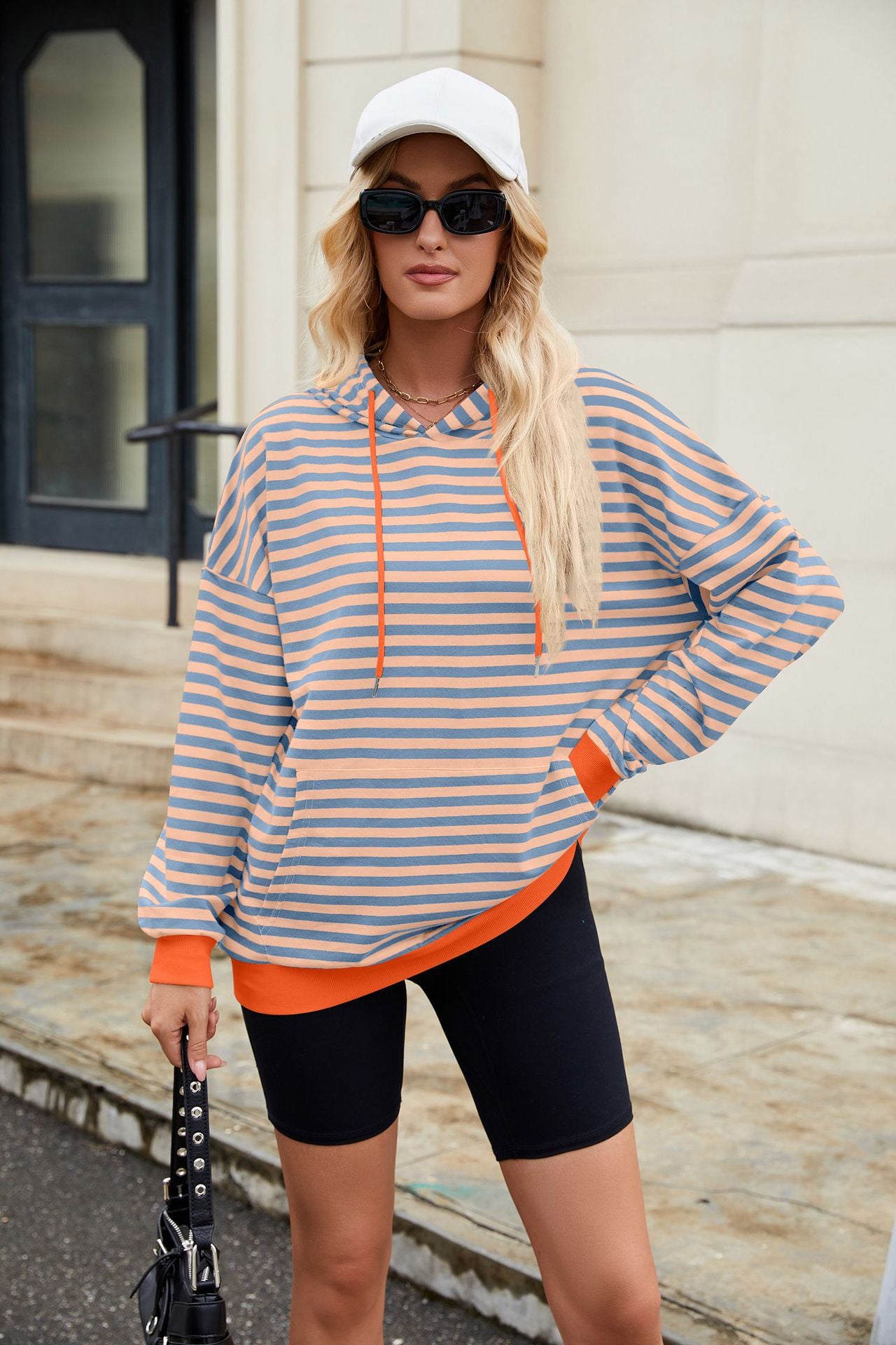 Striped Contrast Casual Hooded Loose Pocket Sweater