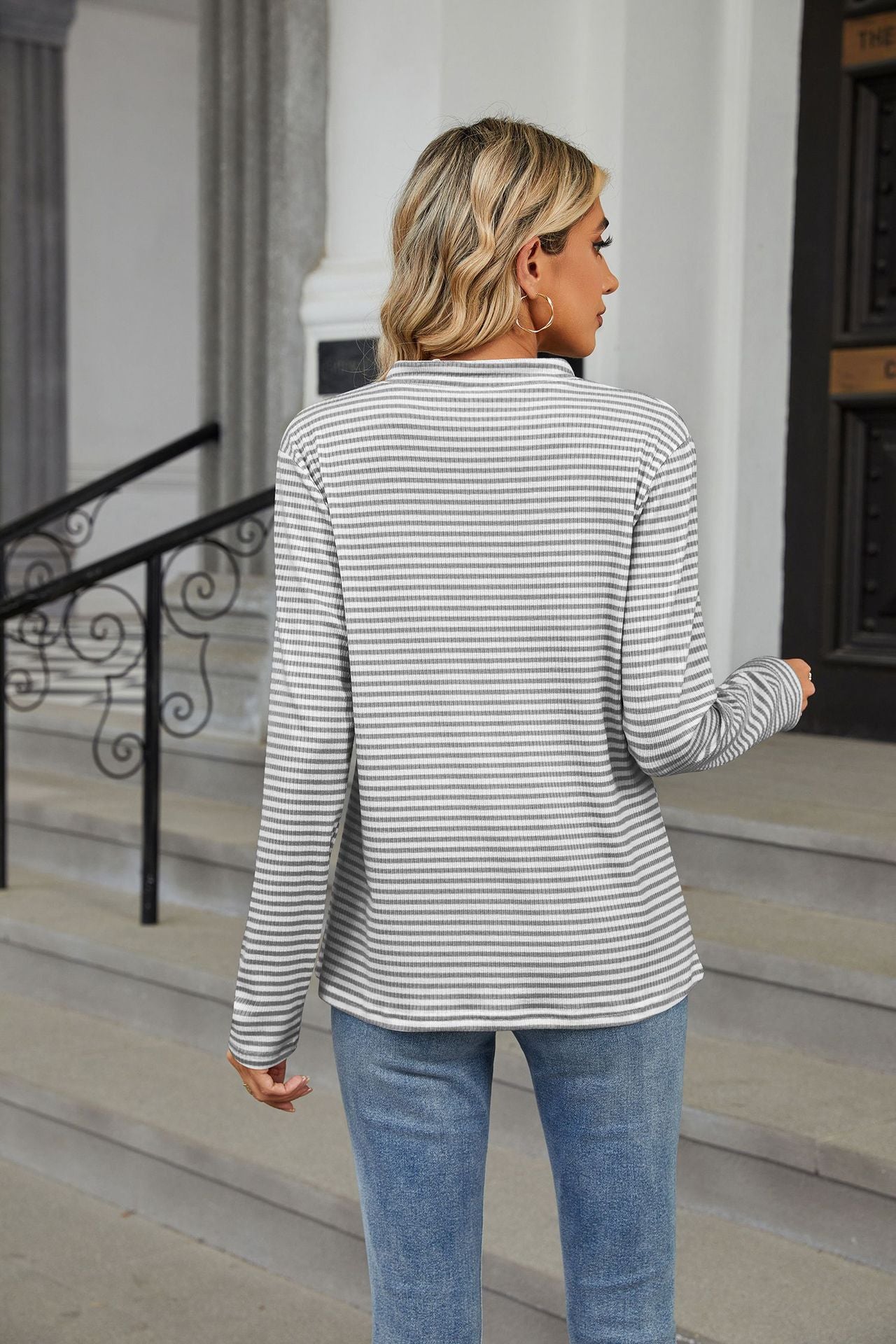 V-neck Button Striped Loose Long Sleeves