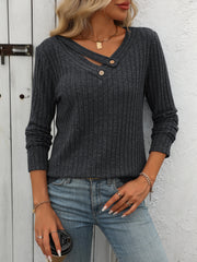 V-neck Button Top Pit Strip Sweater Long Sleeve