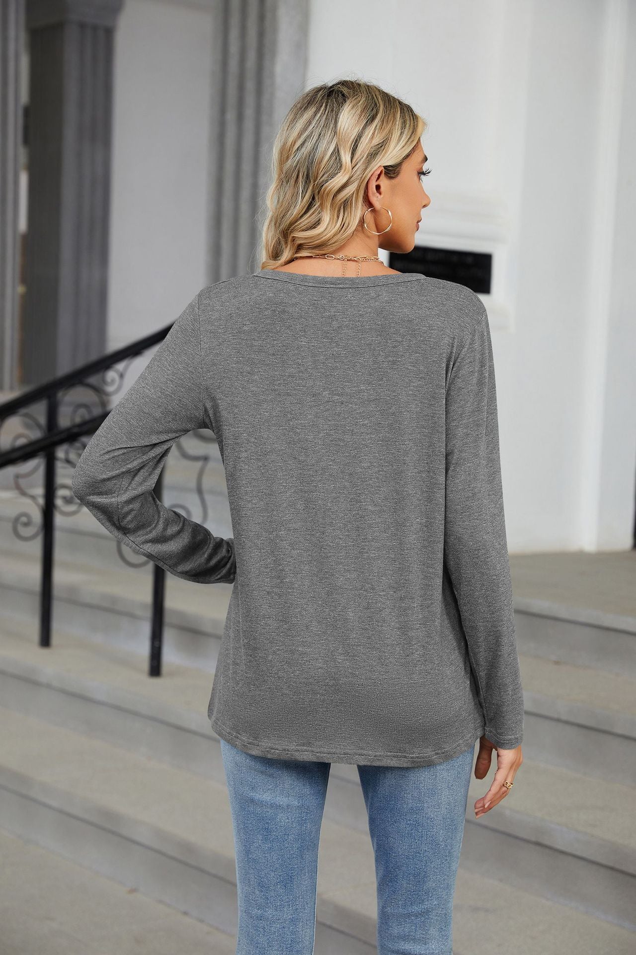 V-neck Long-sleeved Loose T-shirt Solid Color Top