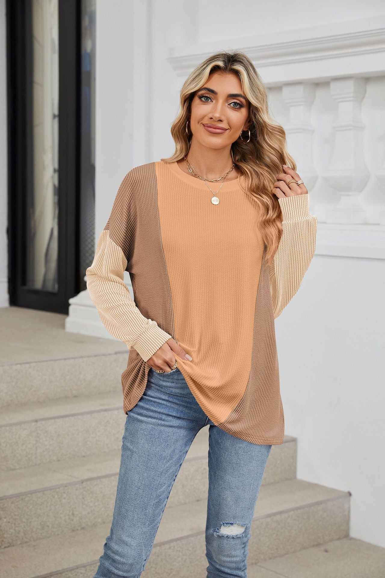 Crew Neck Splicing Loose Sleeve Long Sleeve