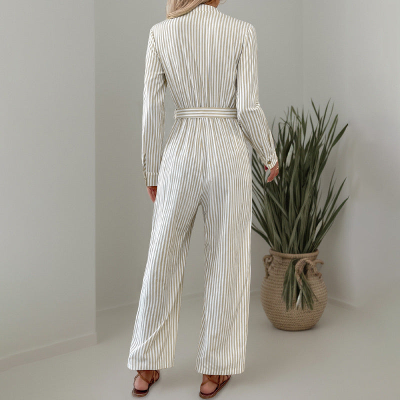 V-Neck Jumpsuit Commuter Striped Lace-Up Jumpsuit