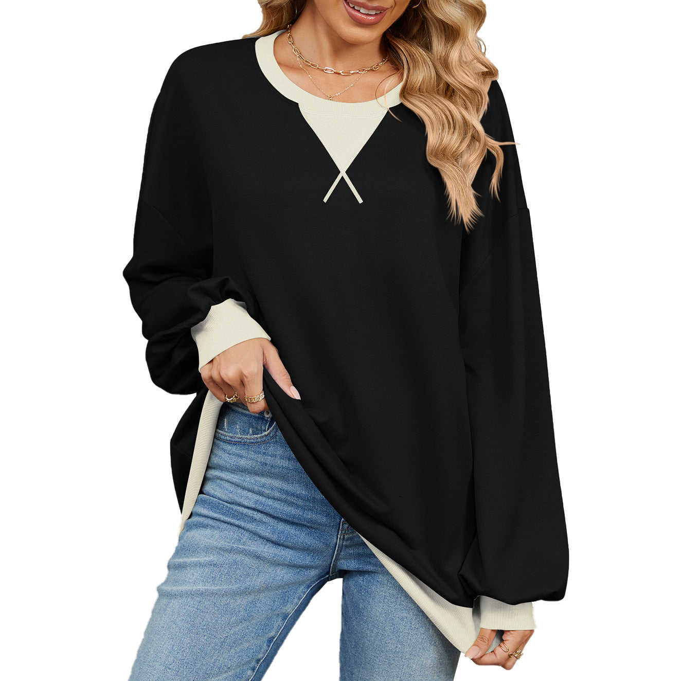 Contrasting Color Round Neck Loose Long-sleeved Sweater