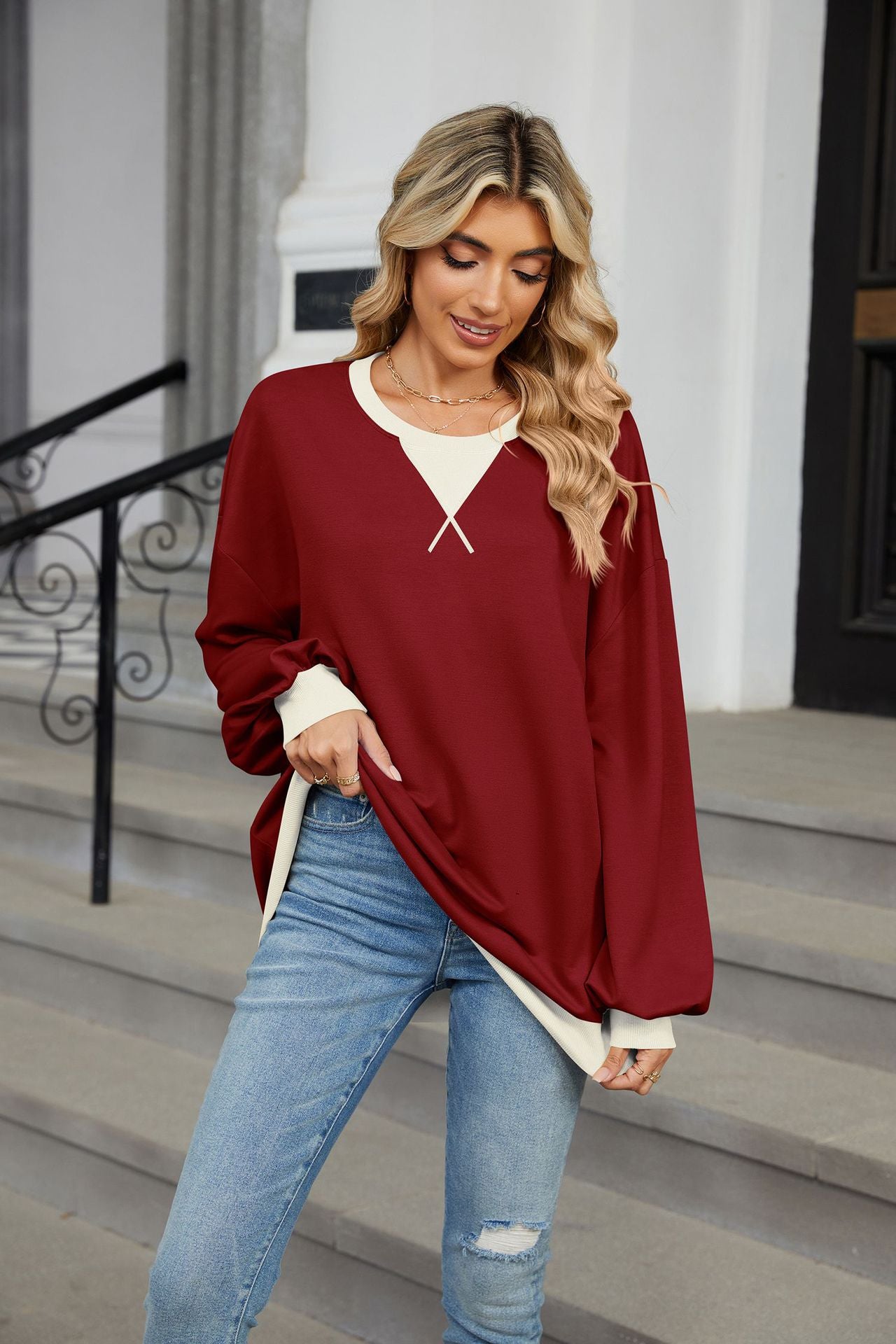 Contrasting Color Round Neck Loose Long-sleeved Sweater