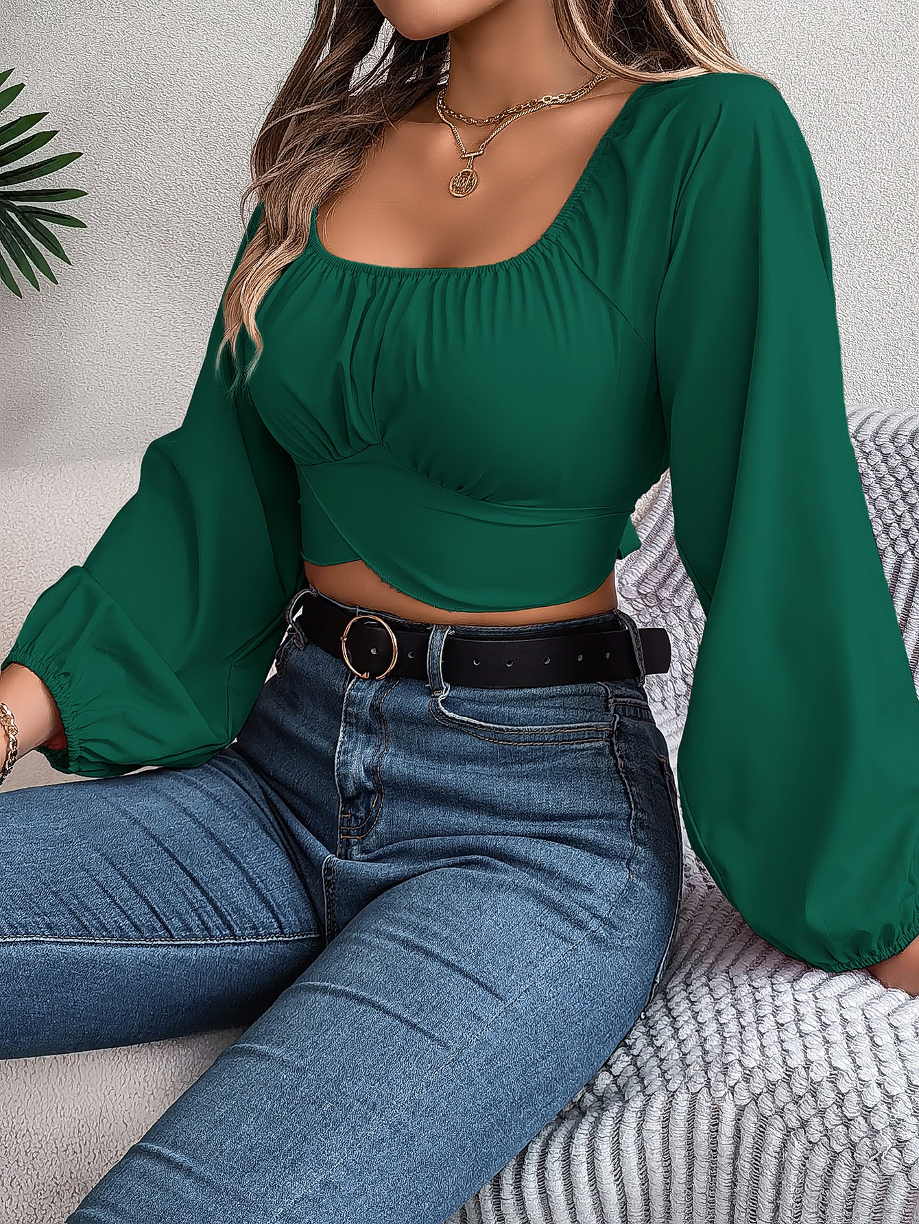 Women's Tops Casual Lantern Sleeve Tie Waist Chiffon Crop Top