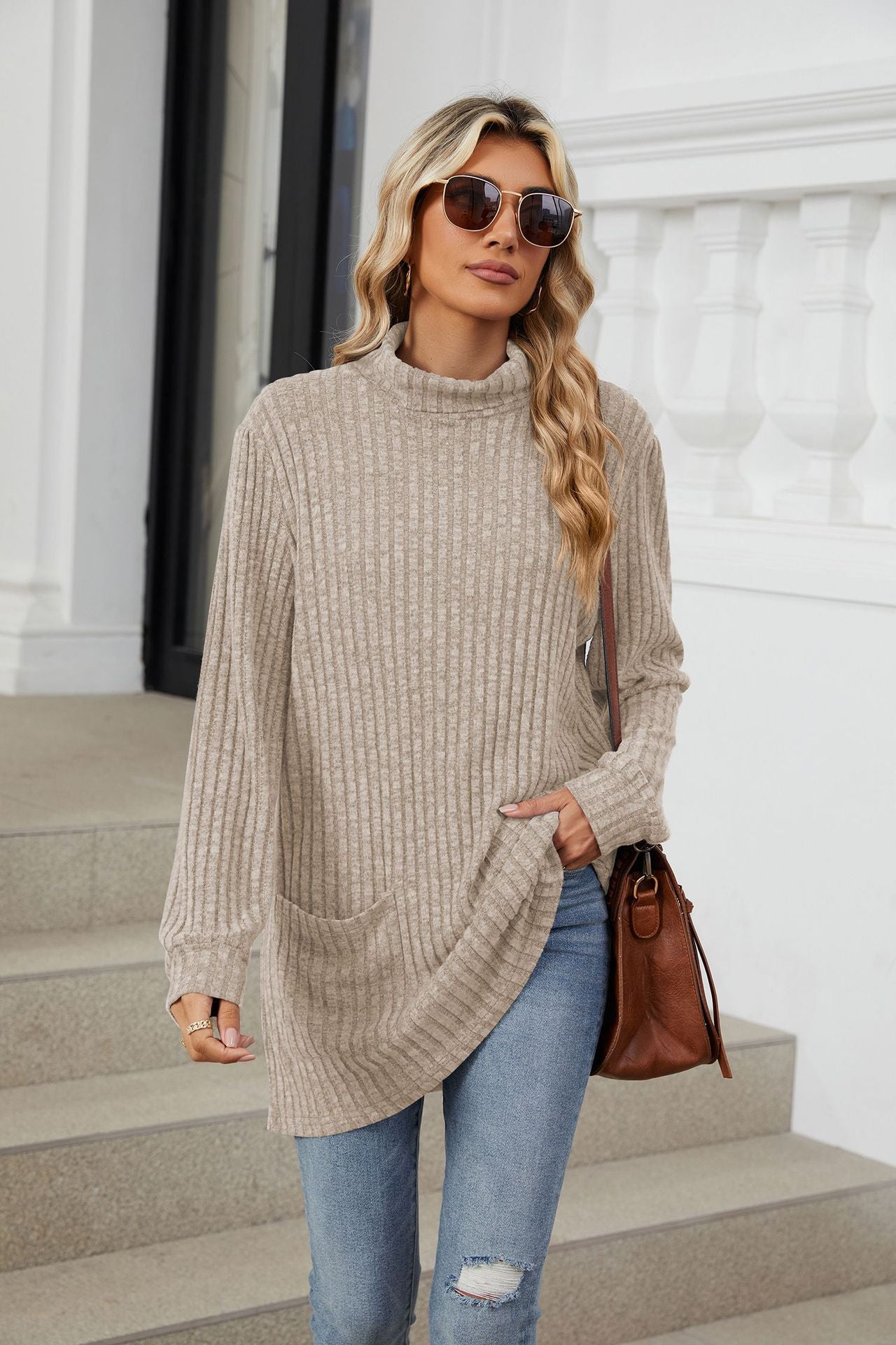 Solid Color Semi-turtleneck Long-sleeved Loose Pocket T-shirt Top