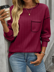 Women's Solid Color Crew Neck Pocket Casual Loose T-Shirt