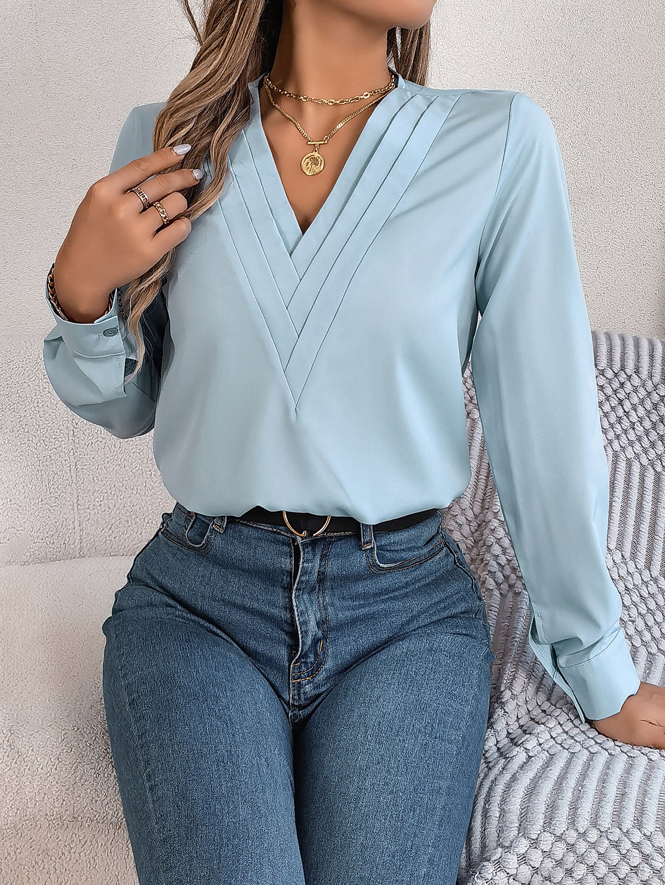 Long Sleeve Tops Pleated V Neck Dressy Casual Blouse Shirt Top