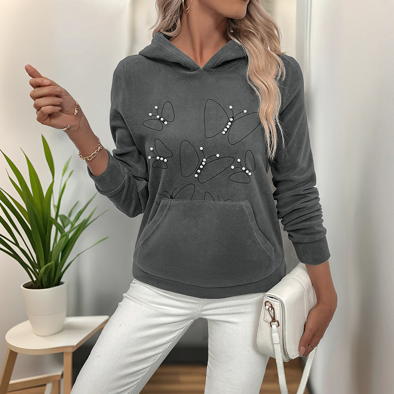 Beaded Hoodie Drawstring Long Sleeve Pullover Sweatshirt