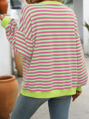 Women Color Striped Crew Neck Loose Sweatshirt Sweater