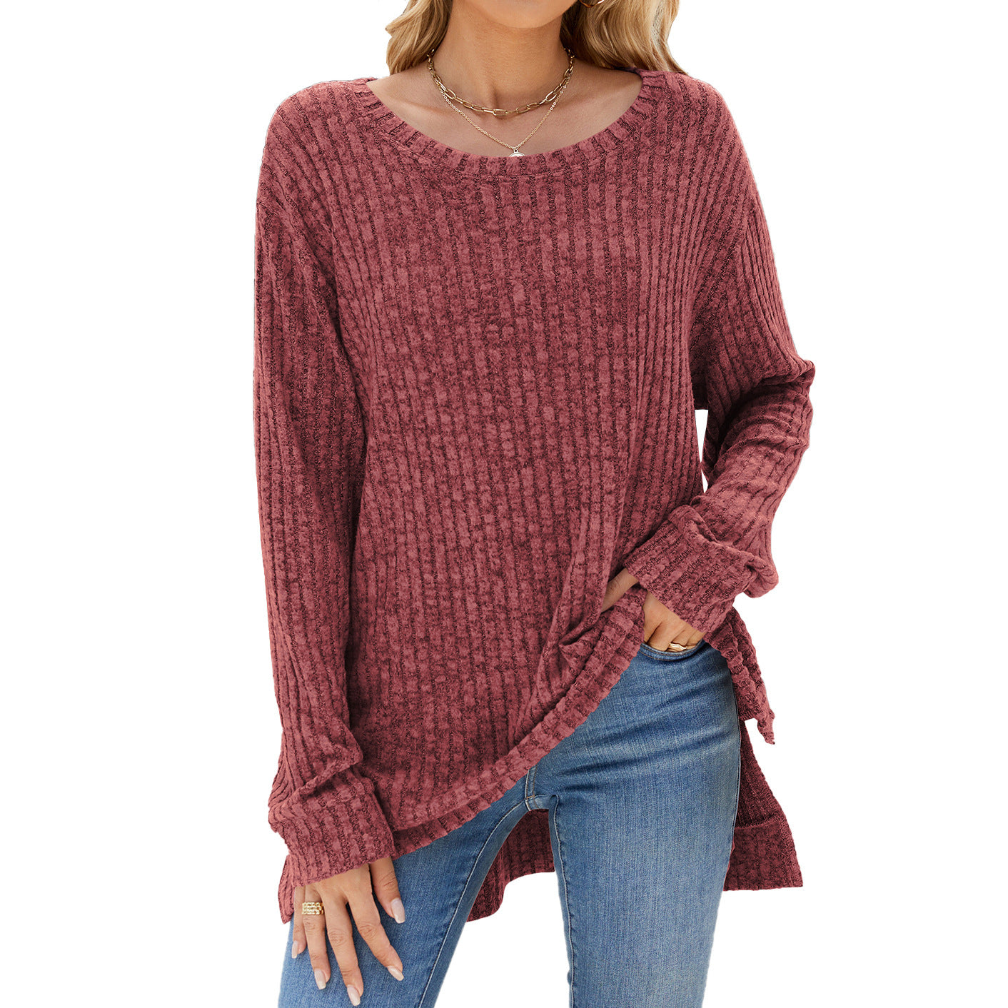 Crew Neck Loose Long-sleeved Split Top