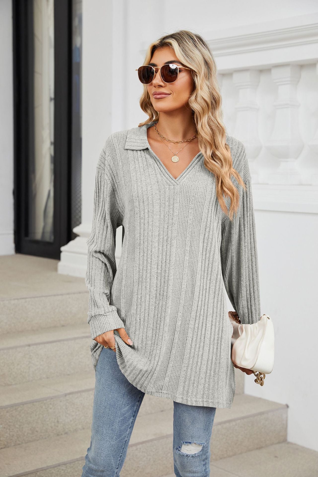 Solid Color V-neck Long-sleeved Loose T-shirt Top