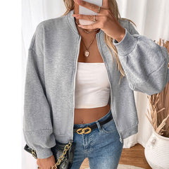 Women's Short Cardigan Zipper Sweater Solid Color Jacket