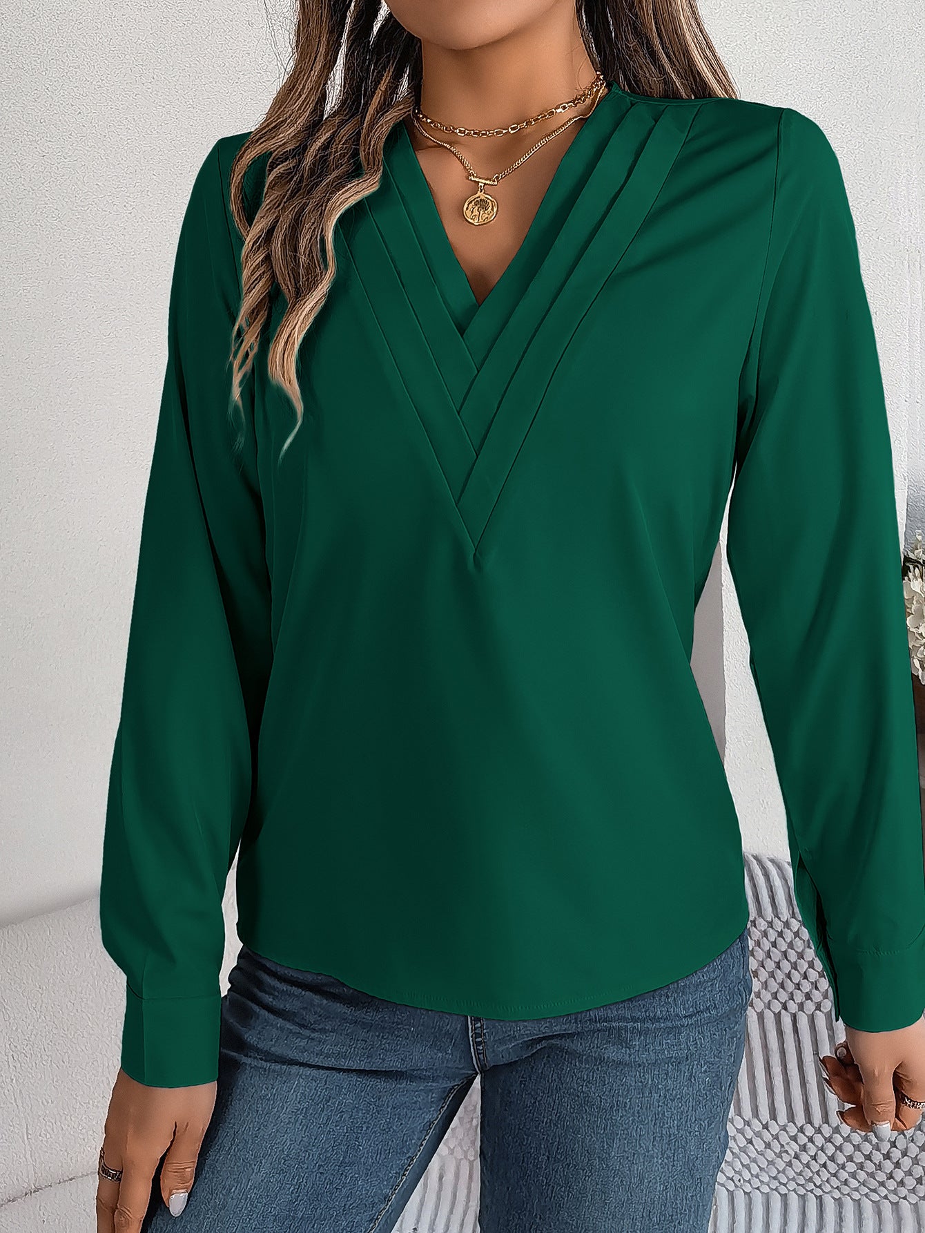 Long Sleeve Tops Pleated V Neck Dressy Casual Blouse Shirt Top