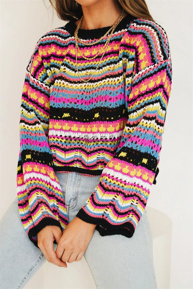 Splicing Knitted Sweater Loose Crew Neck Striped Sweater